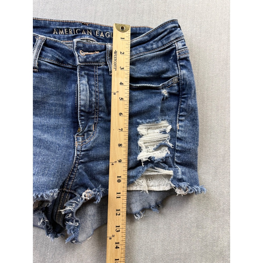 American Eagle High V-Rise Shortie Distressed Denim Shorts Blue Women Size 6 - Picture 3 of 8